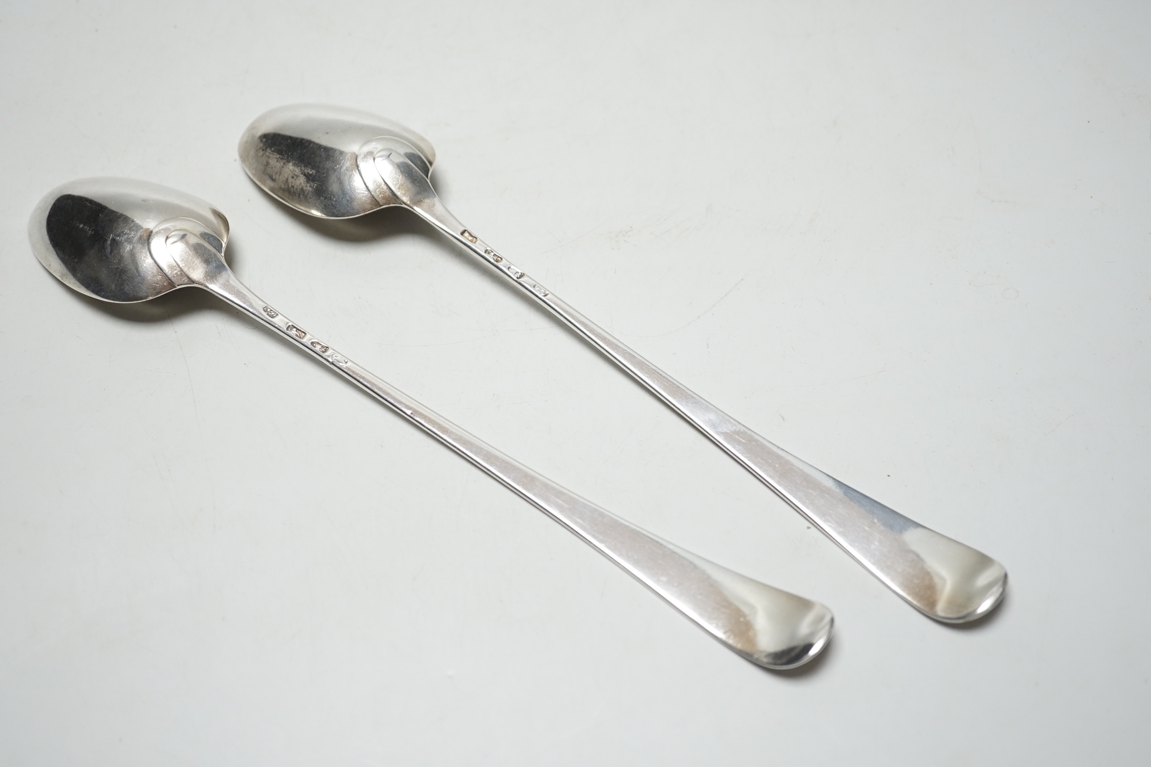 A pair of George III Old English pattern base marked basting spoons, London 1771?, 30cm, 7oz.